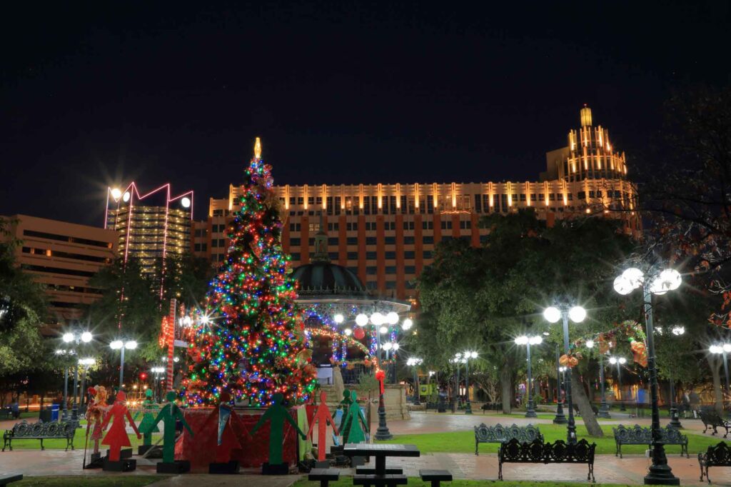 Christmas decorations in Milam Park in downtown San Antonio, Texas, next to Historic Market Square, Texas