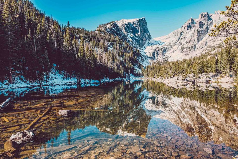 Winter view of Dream Lake with snowy mountains in Rocky Mountain National Park, Colorado