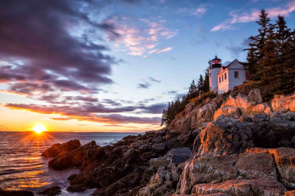 Bass Harbor Lighthouse at sunset in Acadia National Park, Maine USA