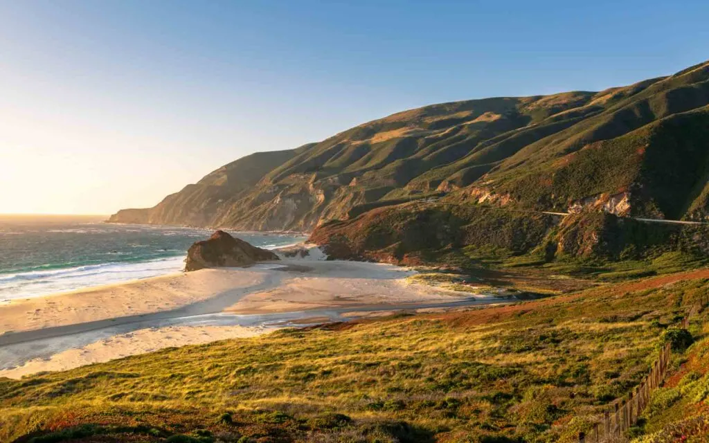 Big Sur river flowing out into the Pacific Ocean at Andrew Molera State Park south of Monterey, Big Sur, California