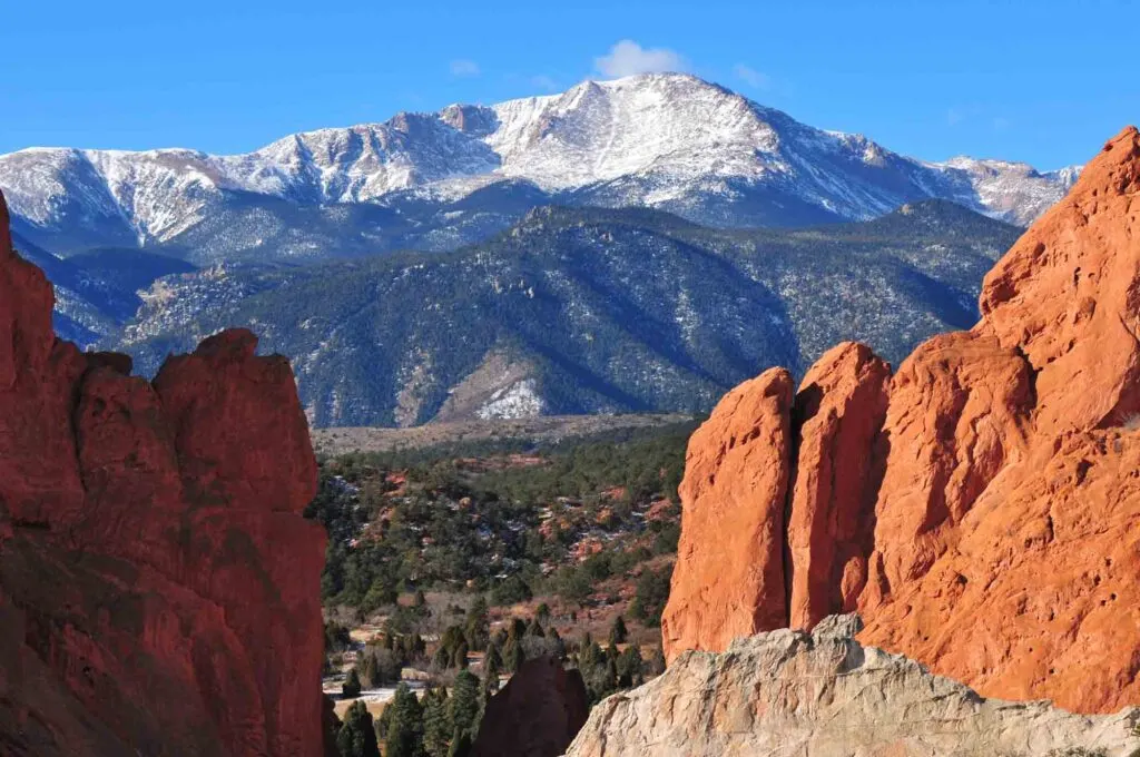 Snow Capped Pikes Peak Soaring over the Garden of the Gods near Colorado Springs