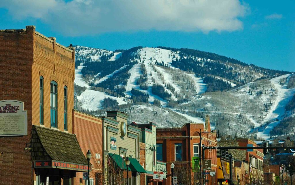 Downtown Steamboat Springs with Mt. Warner ski area in the background
