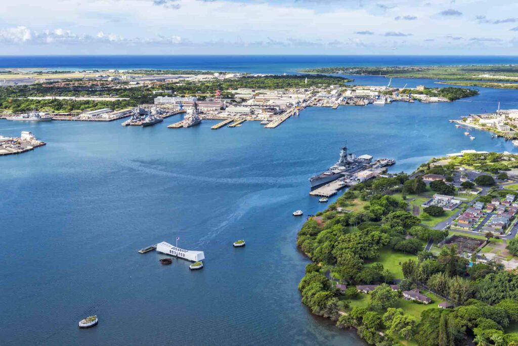 Aerial shot of the Pearl Harbor Memorial in Hawaii