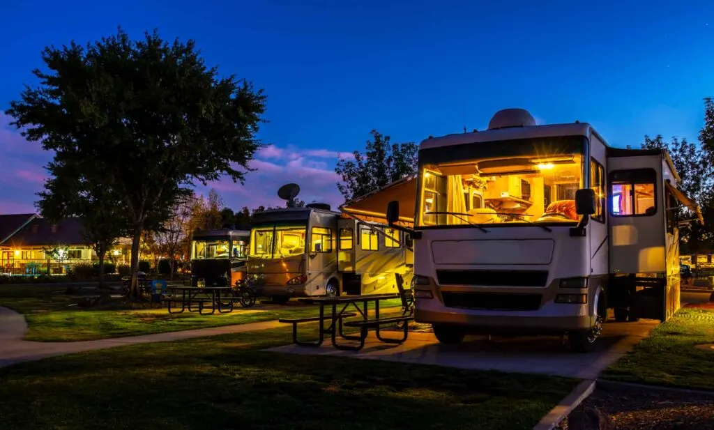 RV Park with RVs camped out at night