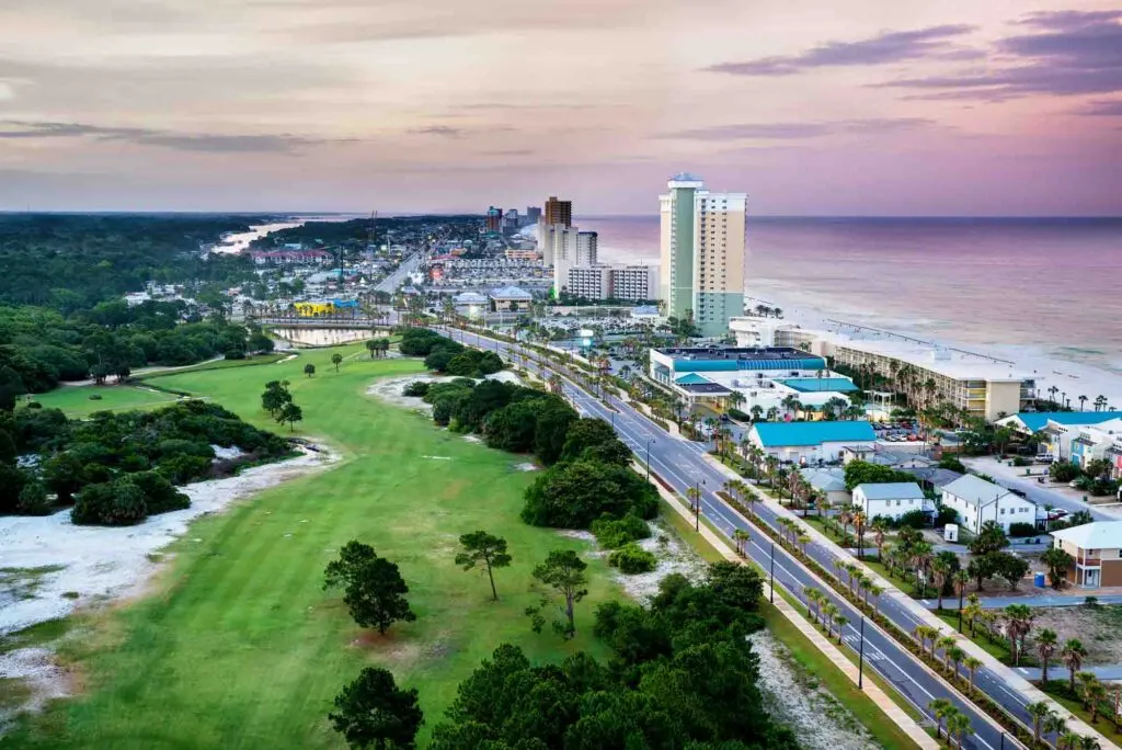 Aerial shot of Front Beach Road in Panama City Beach, Florida