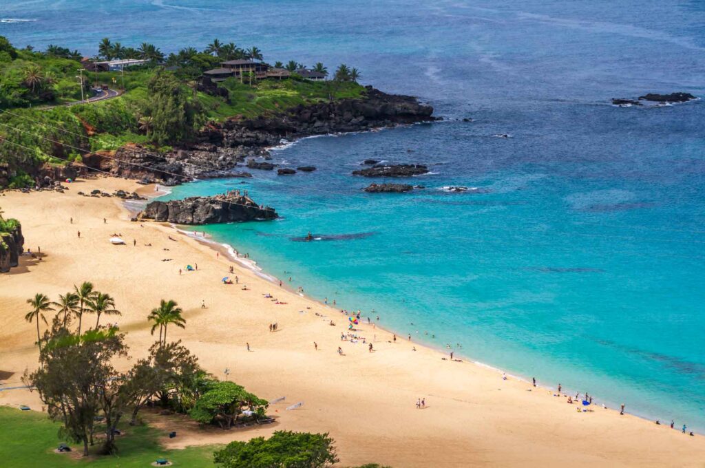 The world-famous Waimea Bay Beach Park in Oahu, Hawaii