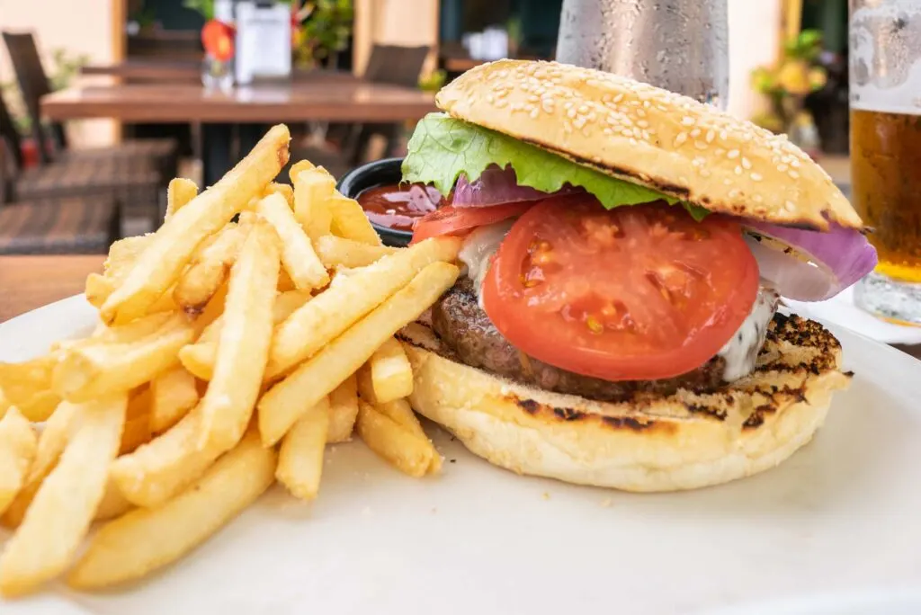 A delectable grilled hamburger sandwich in Island Ono Loa Grill in Kona