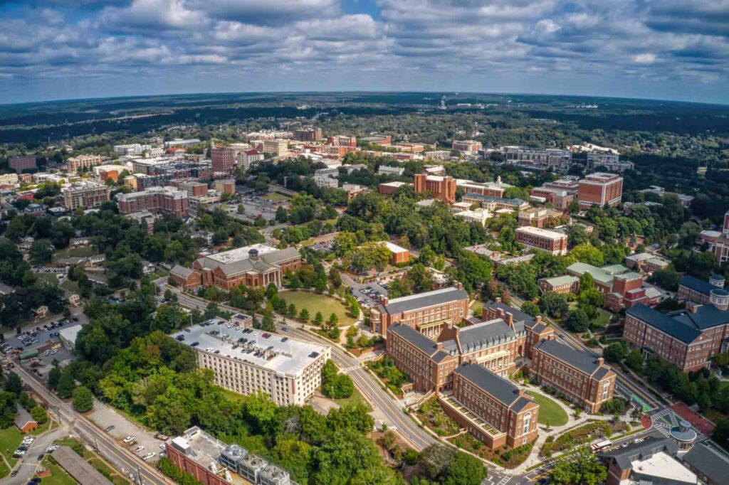 Awesome aerial shot of the University of Georgia campus in Athens, Georgia