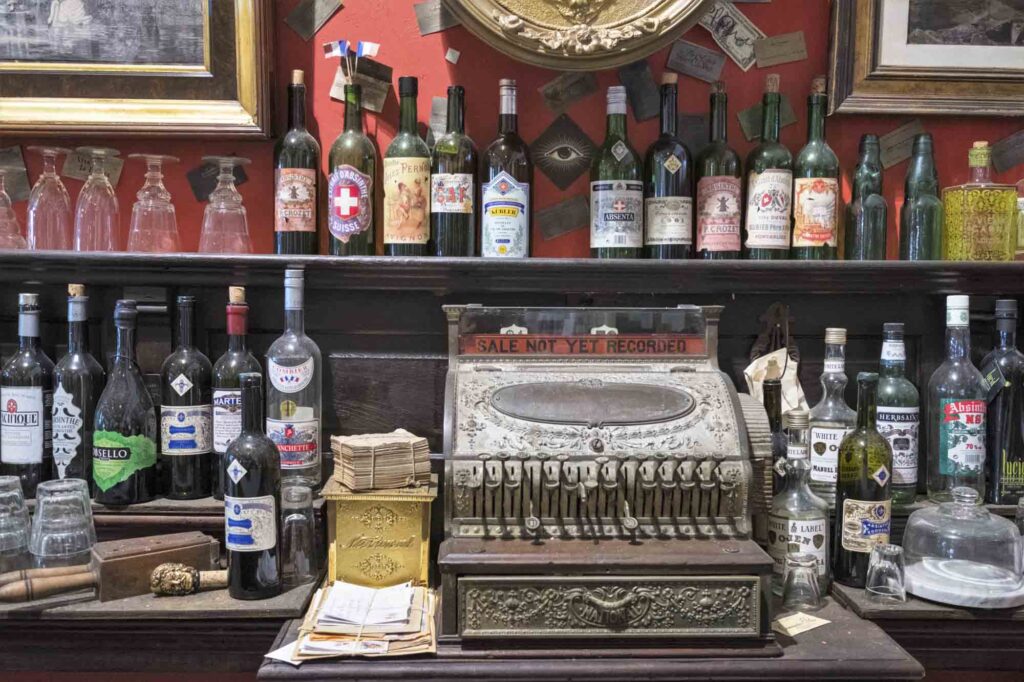 Display of old bottles in  New Orleans Food and Beverage Museum