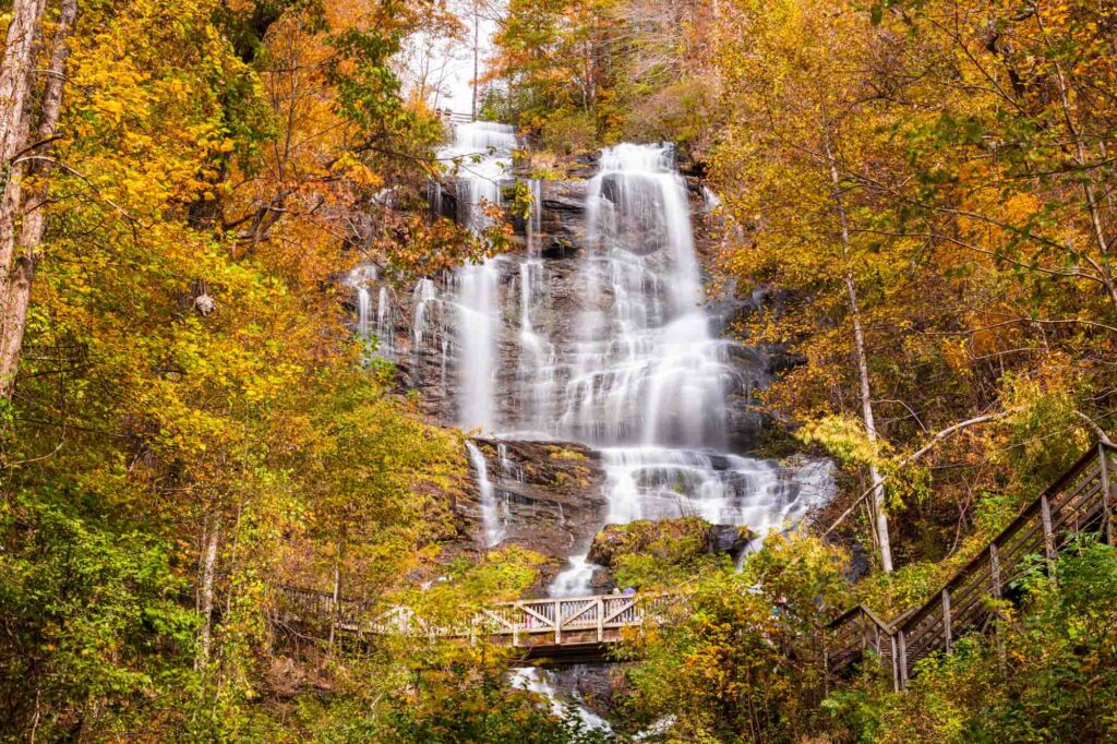 The beautiful Amicalola Falls surrounded with fall foliage in Georgia