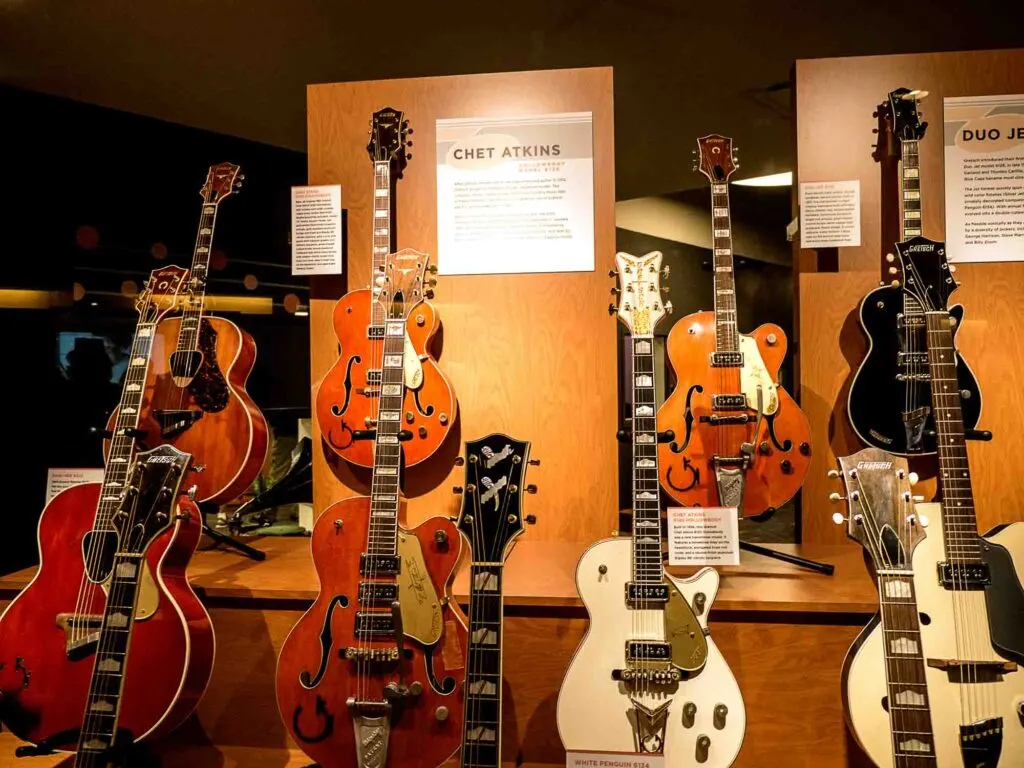 Various guitars on display in The Country Music Hall of Fame in Nashville, Tennessee