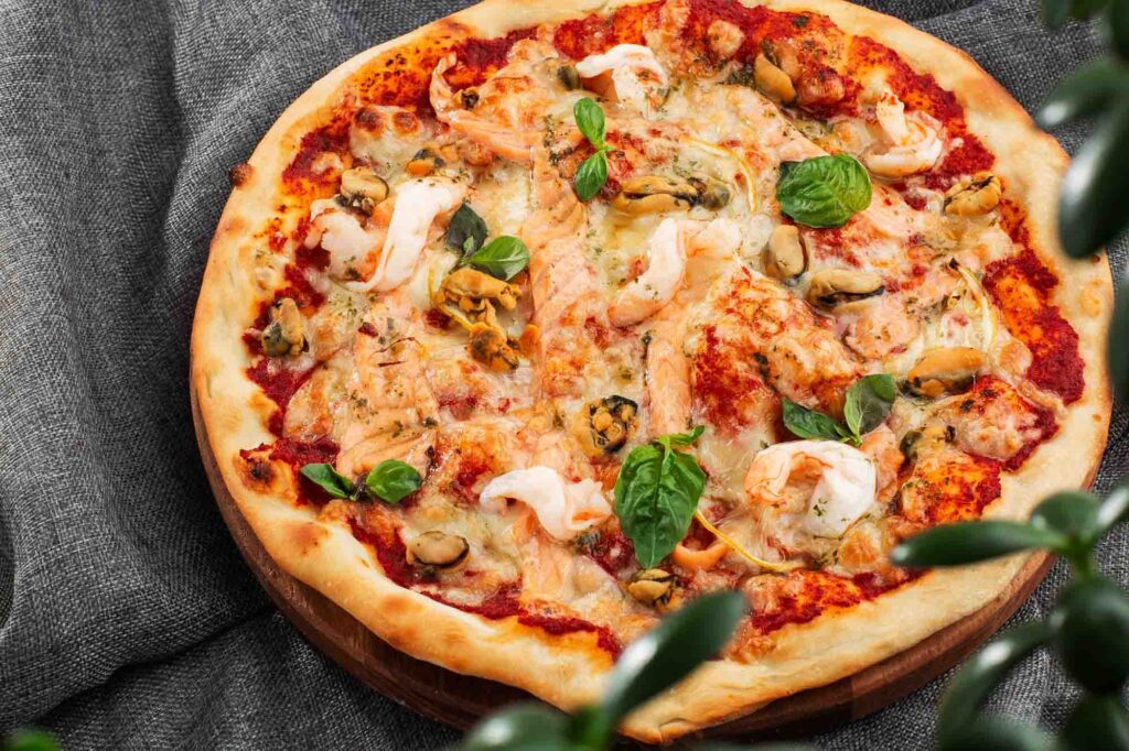 Flavorful seafood pizza