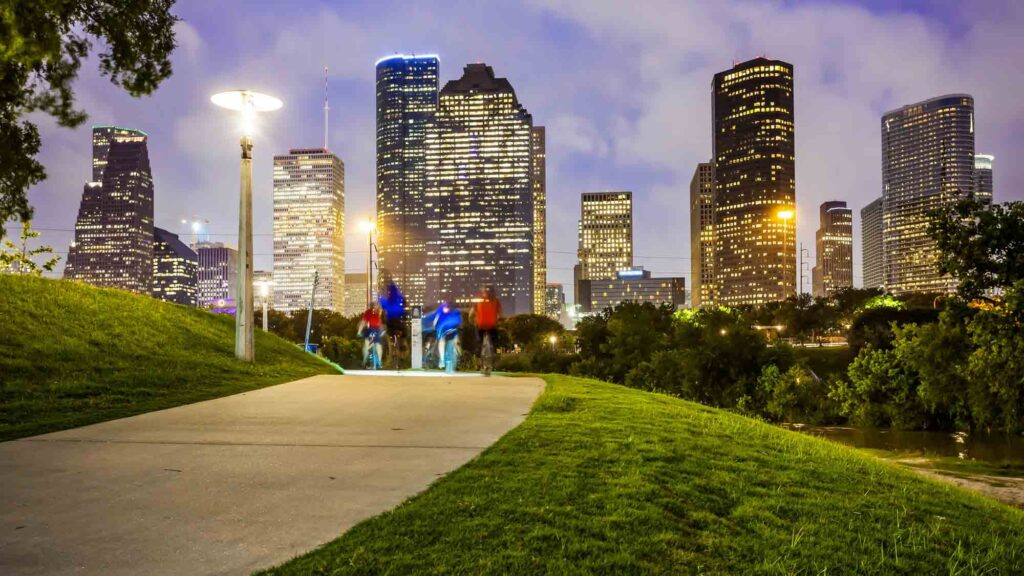 Amazing view of Houston Skyline from Eleanor Tinsley Park in Houston