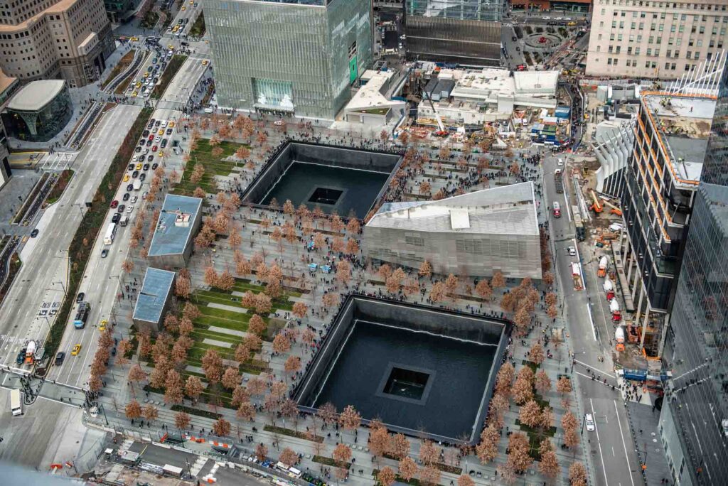 Aerial view of the 911 Memorial in Manhattan, NY