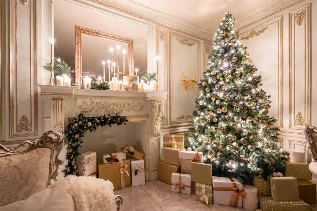Beautifully lit hall decorated with Christmas tree and presents