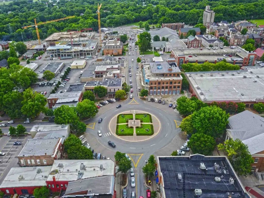 Beautiful aerial shot of downtown Franklin, Tn