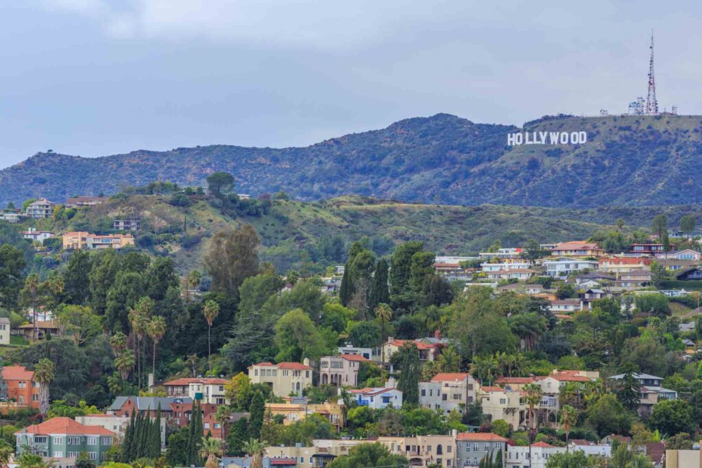 The Hollywood sign in the background of LA in California