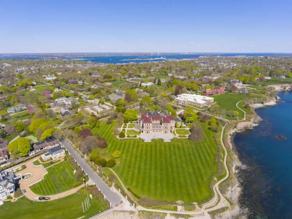 Aerial shot of city of Newport in Rhode Islands