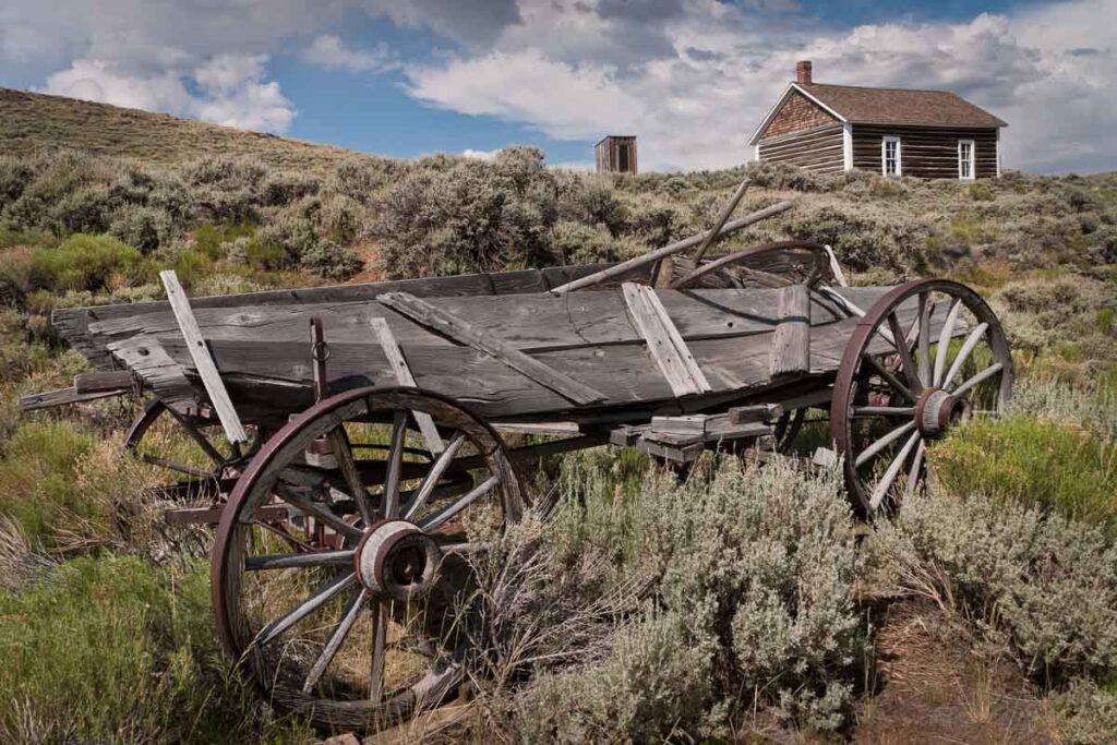 A broken wagon by the road in South Pass City in Wyoming