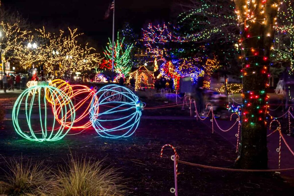 Colorful lights in a Christmas Village in Ogden, Utah