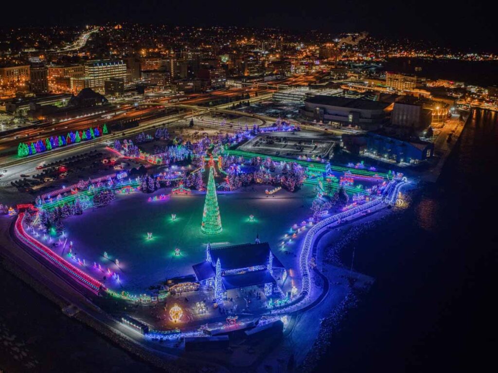 Beautiful aerial shot of holiday lights at Duluth, Minnesota- one of the best Christmas towns in the US