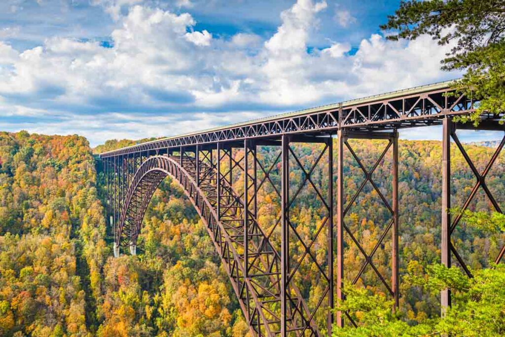 Exciting fall colors on the background of the New River Gorge Bridge, West Virginia