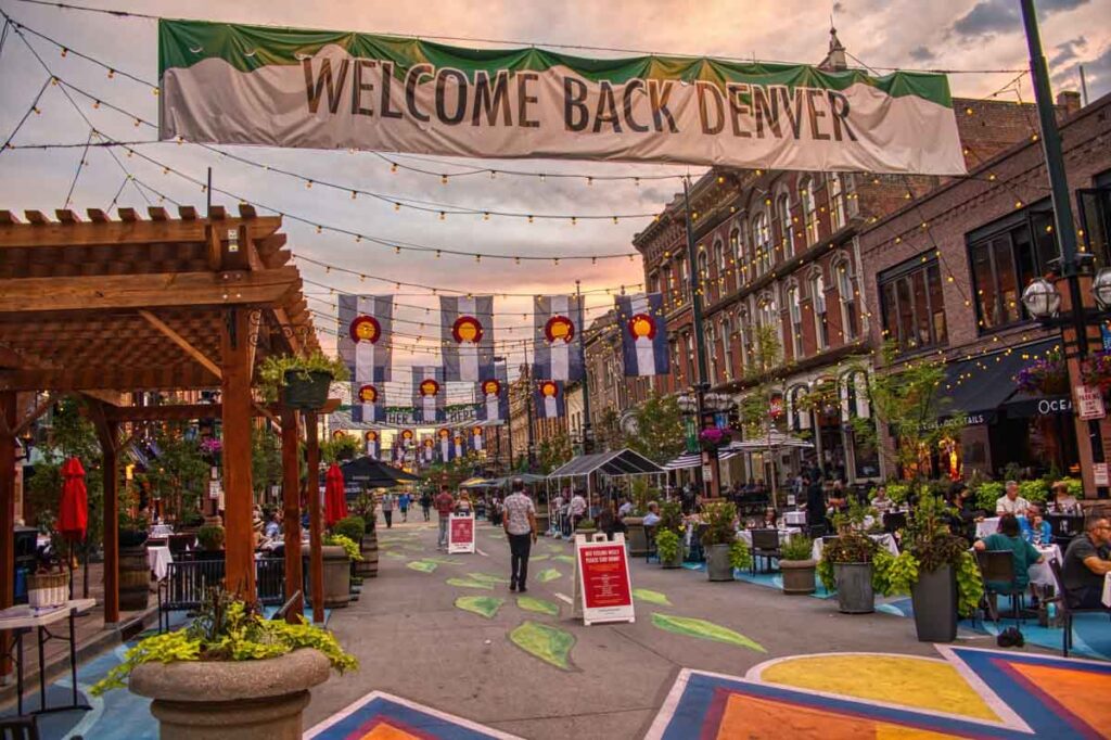 Busy Larimer Square with pop up shops open in Denver, Colorado