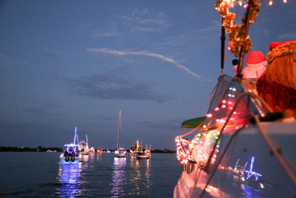 Boats decorated with Holiday Lights