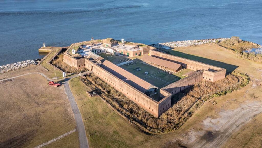 Aerial view of Old Fort Jackson on the Savannah river on the border of Georgia and South Carolina