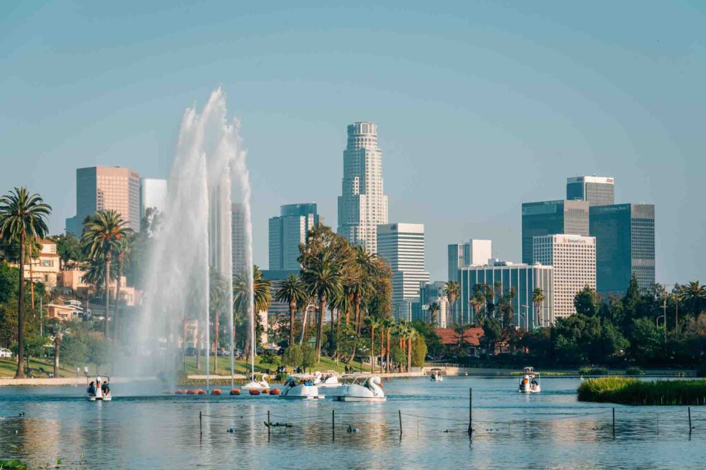 The Los Angeles skyline and lake at Echo Park, in Los Angeles, California